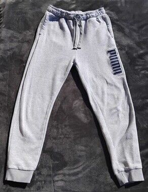 PUMA kids boy Gray Fleece Sweatpants L Tapered Drawstring Pockets Athleisure